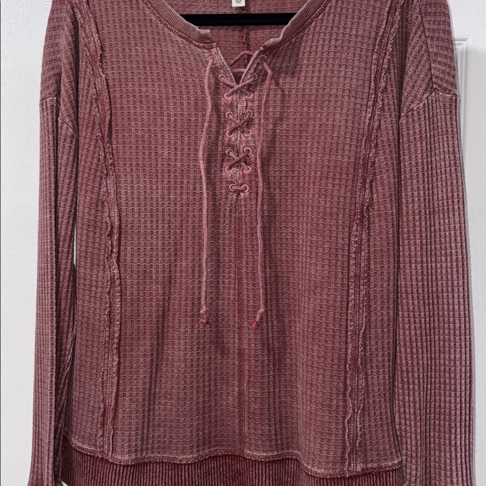 FRYE AND CO. Lace-Up Ribbed Long Sleeve Top - Maroon - Picture 2 of 7